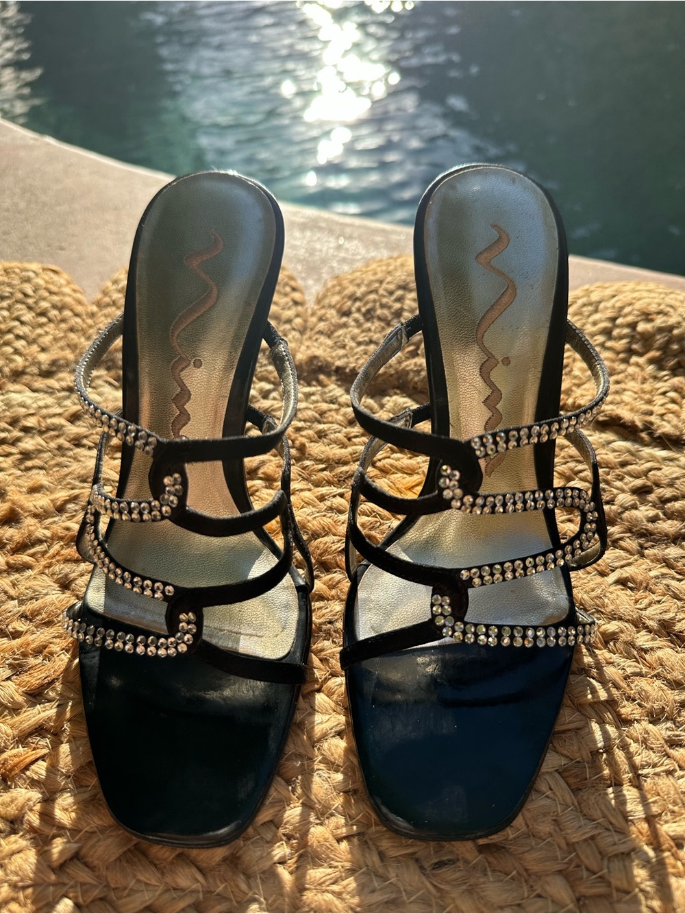 Nina Black Rhinestone Strappy Slide Heels
